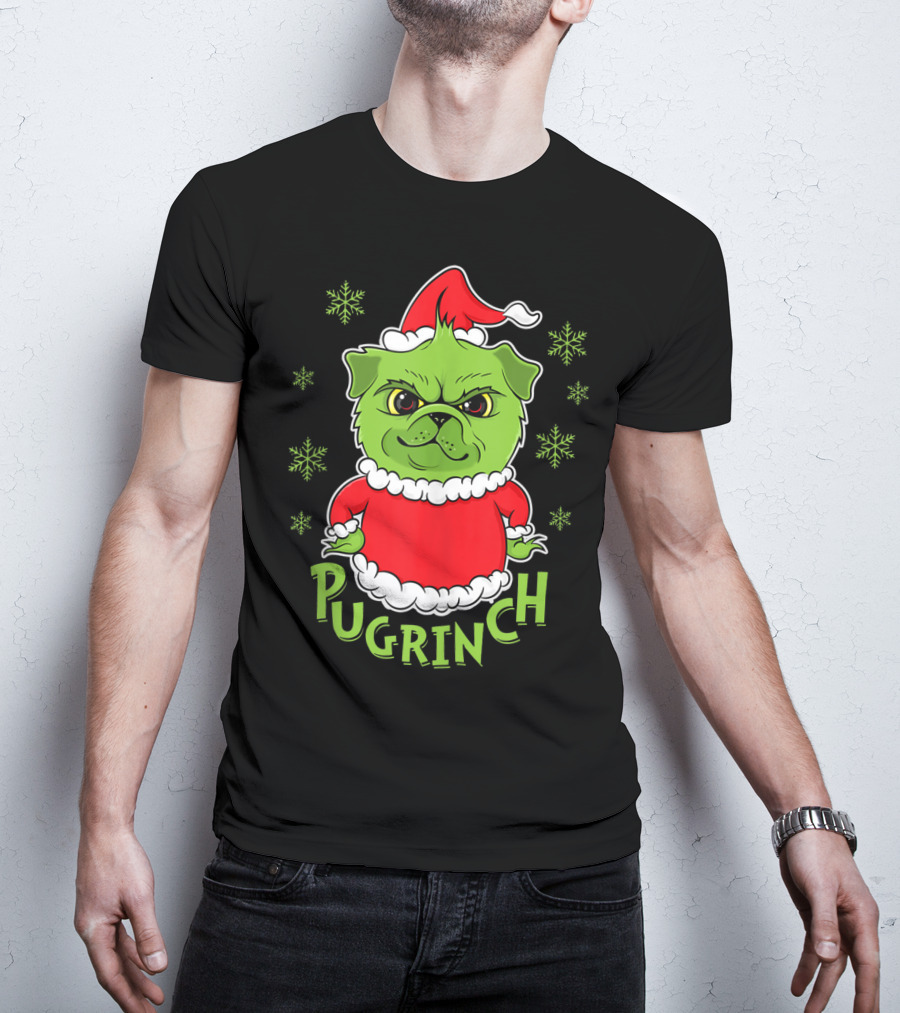 Pugrinch Funny Pug Dog In Christmas Santa Hat With Snowflakes T-Shirt