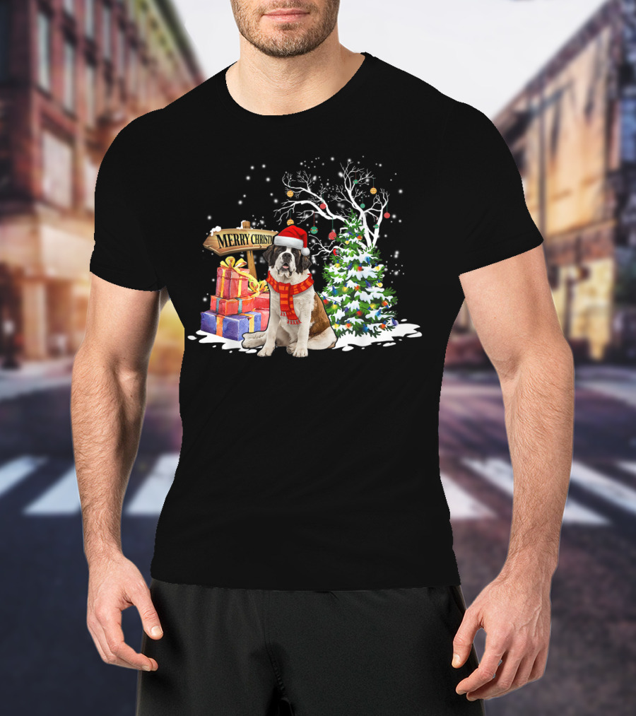 Merry Christmas Saint Bernard Santa Holiday Scene T-Shirt