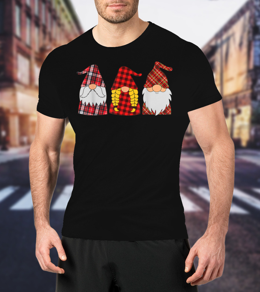 Hanging With Three Red Plaid Gnomies Gnome T-Shirt