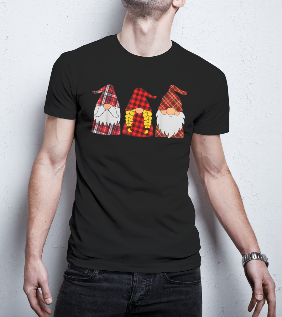 Hanging With Three Red Plaid Gnomies Gnome T-Shirt