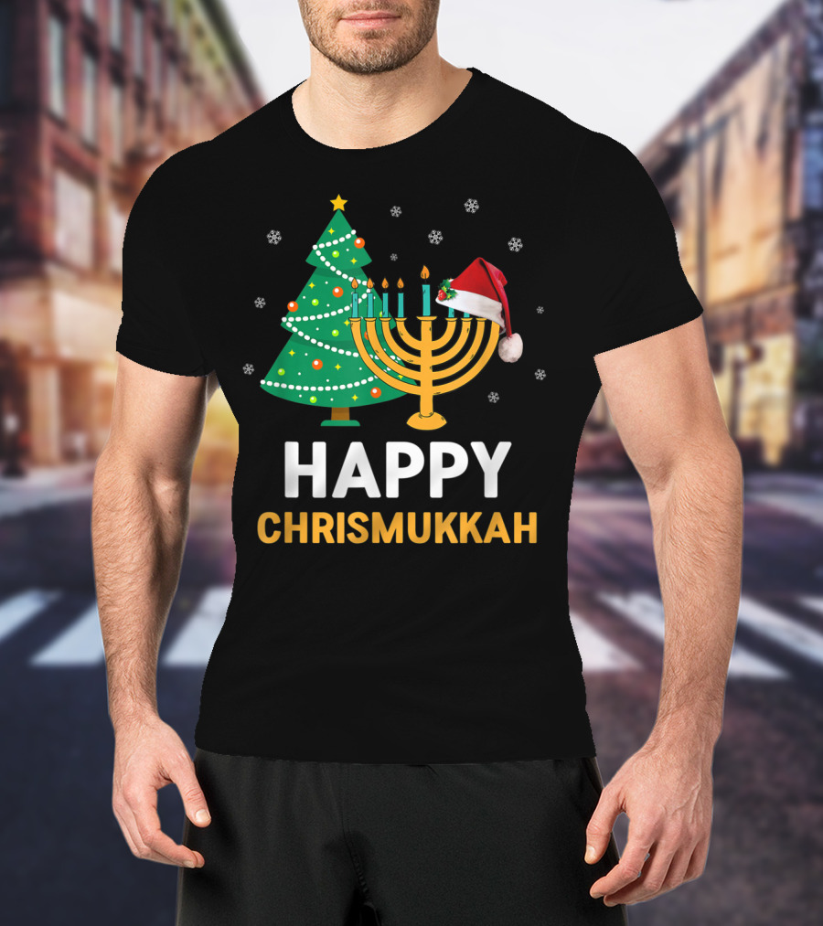 Happy Chrismukkah Funny Hanukkah Christmas Tree Menorah Santa Hat Snowflakes T-Shirt