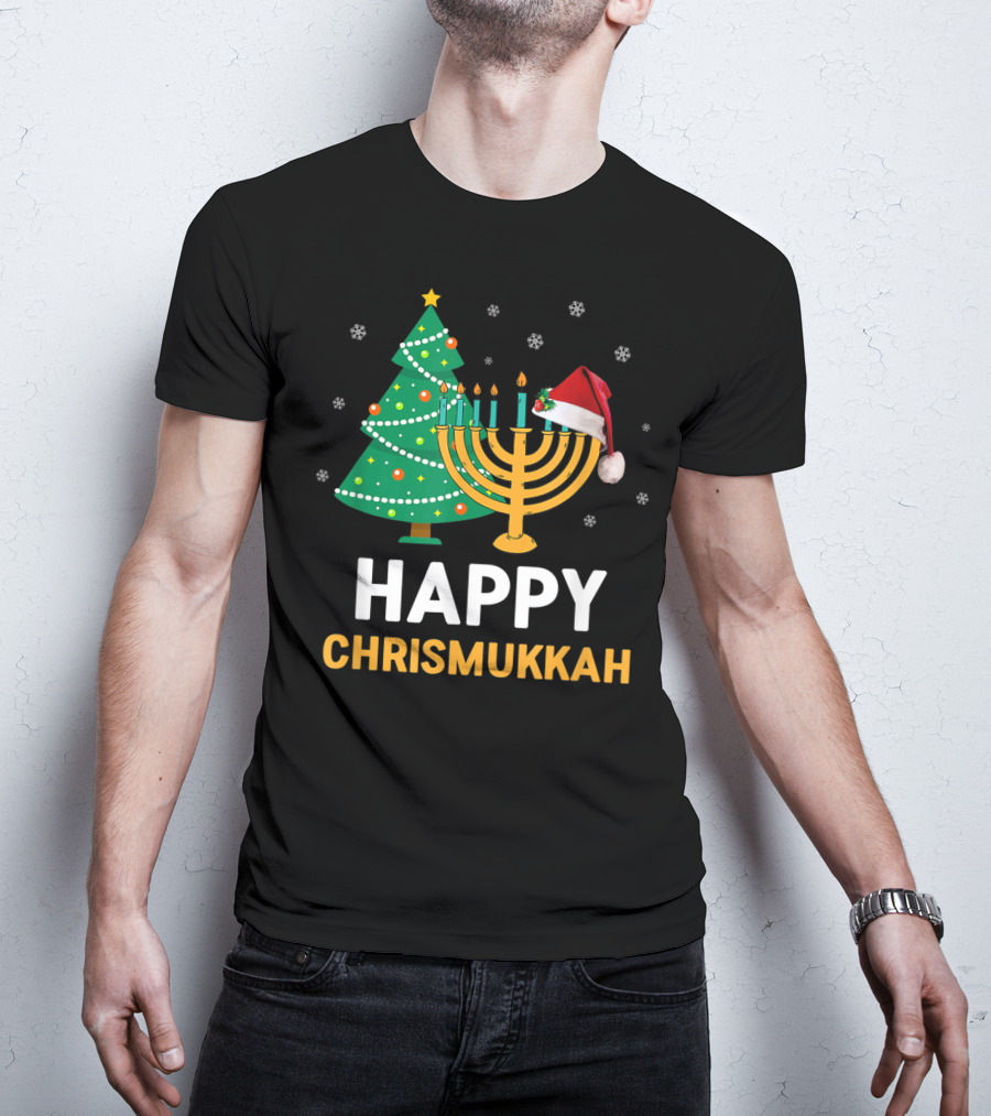 Happy Chrismukkah Funny Hanukkah Christmas Tree Menorah Santa Hat Snowflakes T-Shirt