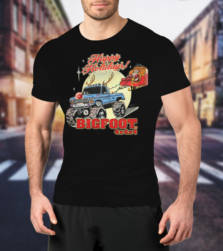 Happy Holidays Bigfoot 4x4x4 Santa Sleigh Reindeer Truck T-Shirt