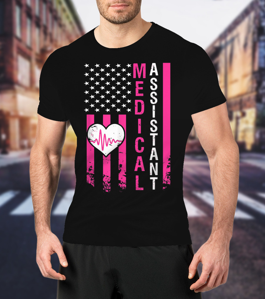 Medical Assistant Heartbeat American Flag T-Shirt