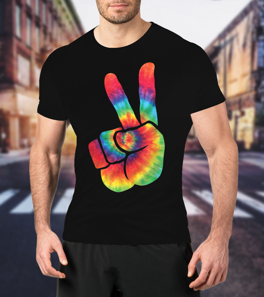 Hippie Tie Dye Peace Hand Colortone Rainbow T-Shirt