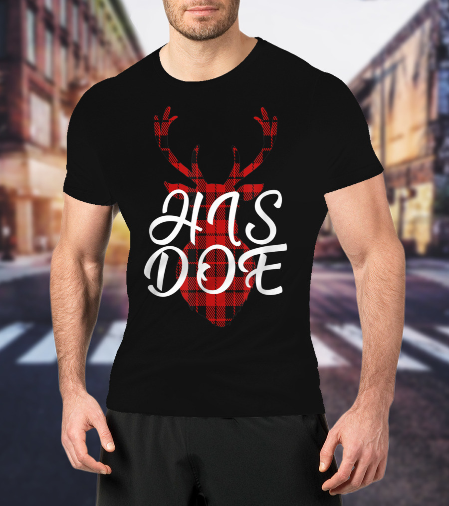 His Doe Couples Matching Red Buffalo Plaid Deer Head T-Shirt