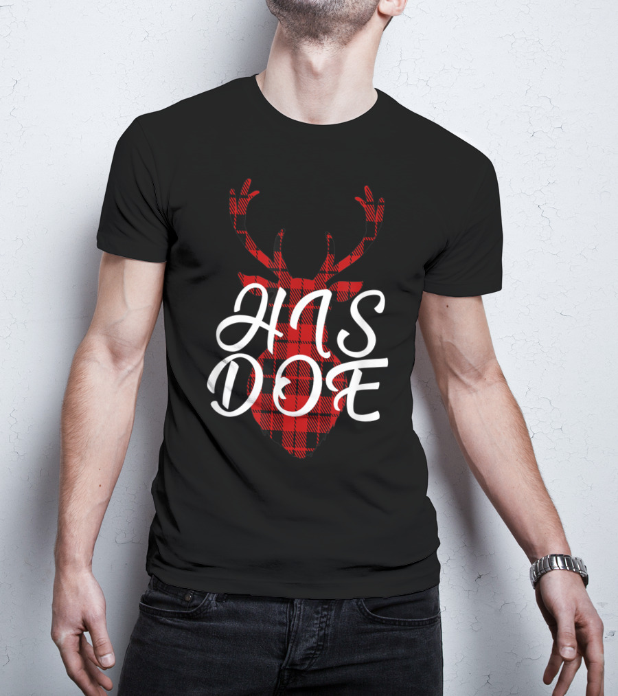 His Doe Couples Matching Red Buffalo Plaid Deer Head T-Shirt