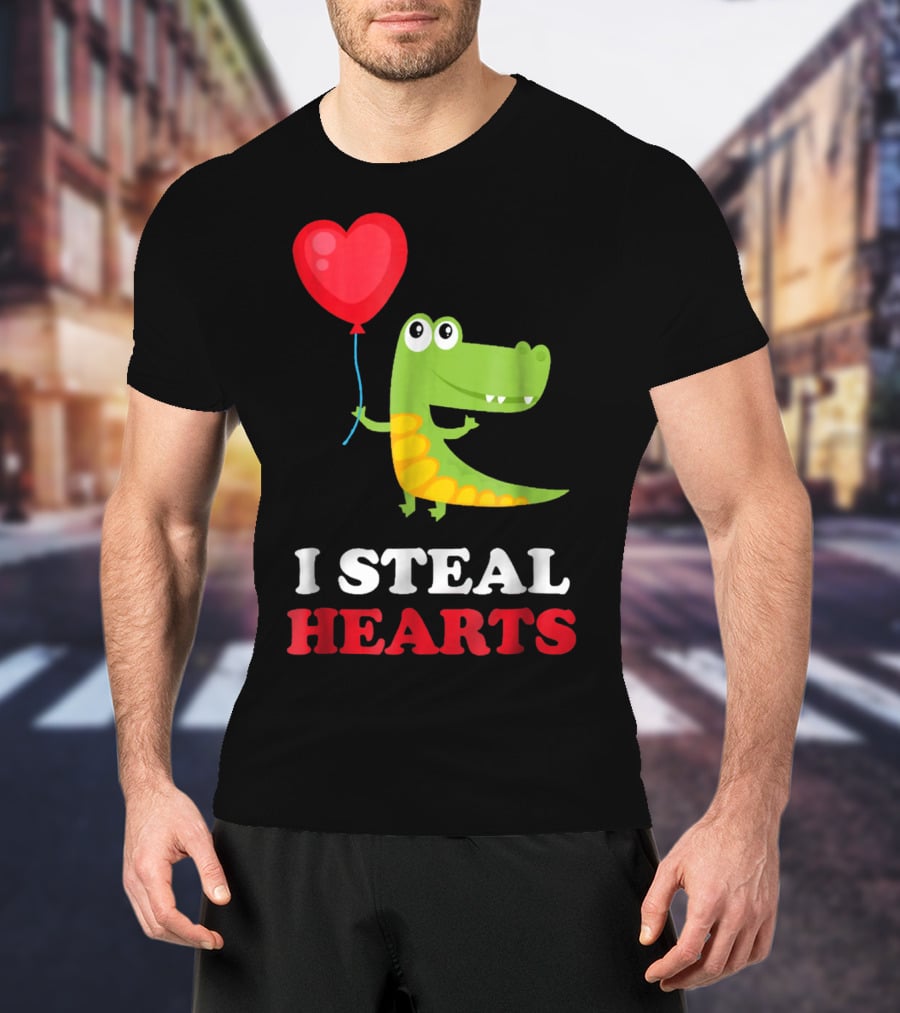I Steal Hearts Dinosaur Holding Balloon Valentines Day T-Shirt