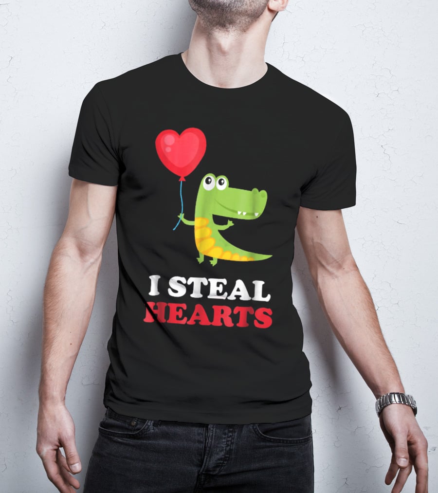 I Steal Hearts Dinosaur Holding Balloon Valentines Day T-Shirt