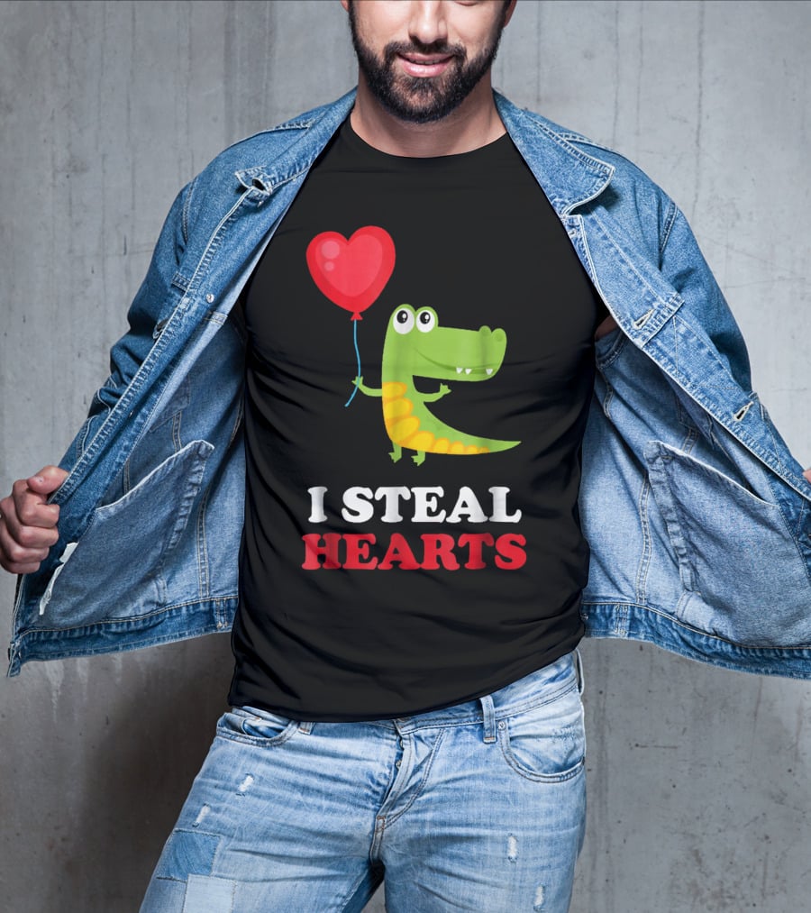 I Steal Hearts Dinosaur Holding Balloon Valentines Day T-Shirt