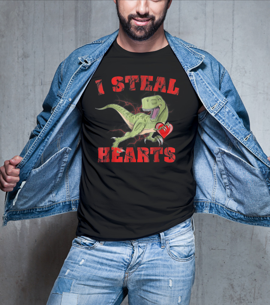 I Steal Hearts Valentine's Day Dinosaur Rex E2 Funny T-Rex Holding Heart T-Shirt
