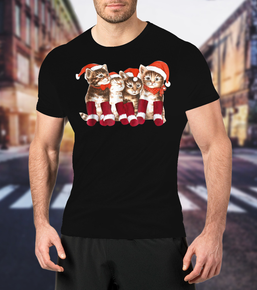 Kittens With Santa Hats Funny Christmas Cat Stockings T-Shirt