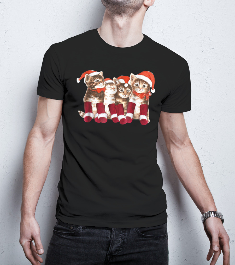 Kittens With Santa Hats Funny Christmas Cat Stockings T-Shirt