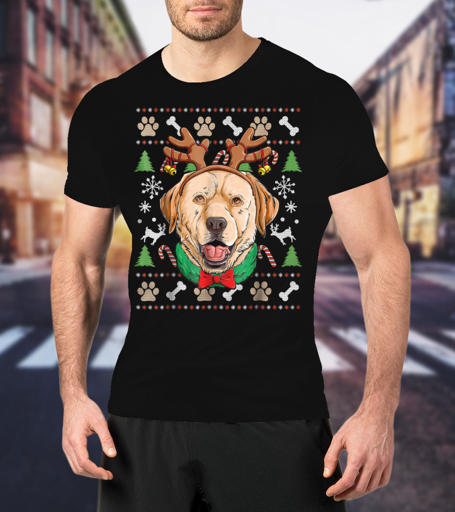 Labrador Reindeer Antlers Ugly Christmas Dog With Candy Canes And Paw Prints T-Shirt