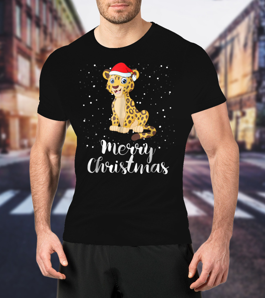 Merry Christmas Leopard Santa Hat Matching Family Group T-Shirt