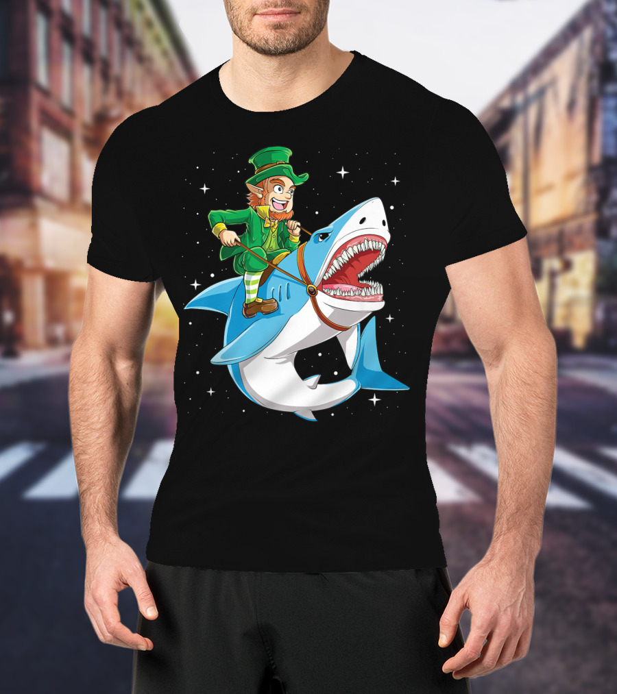 Leprechaun Riding Shark Happy St Patricks Day Fun Boys Adventure T-Shirt