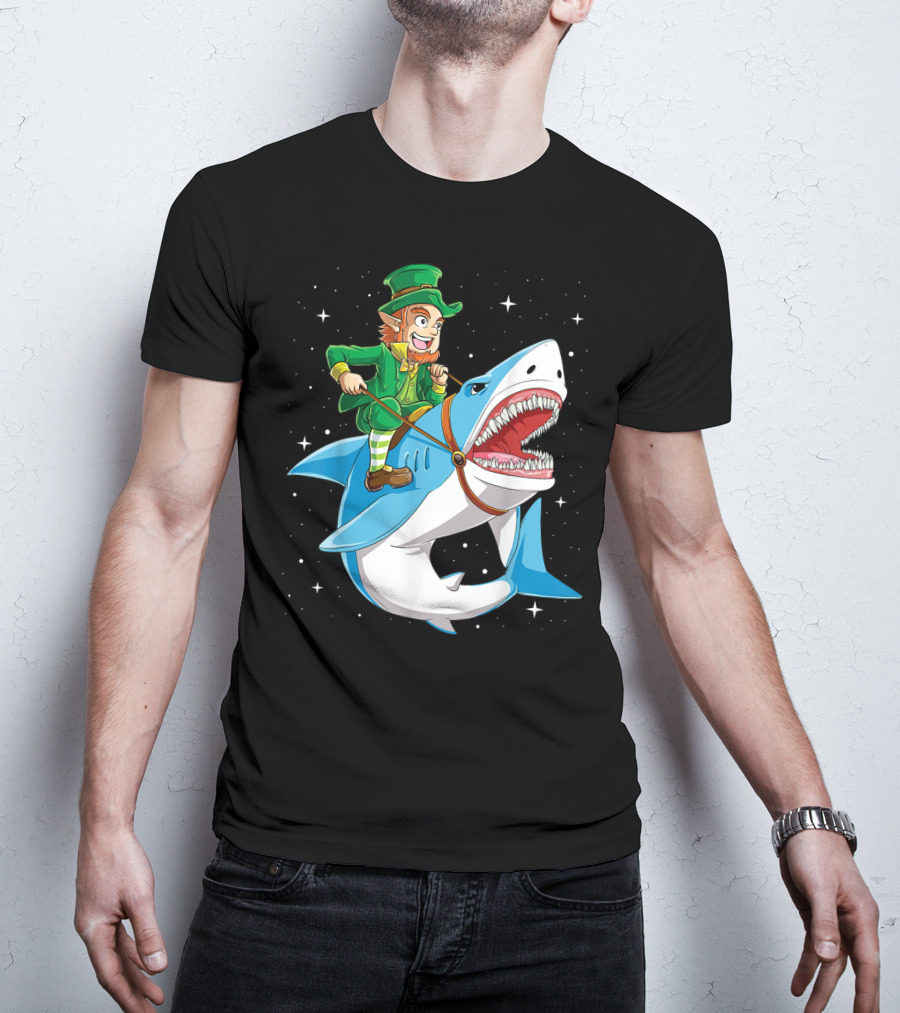 Leprechaun On Great White Shark With Starry Background T-Shirt