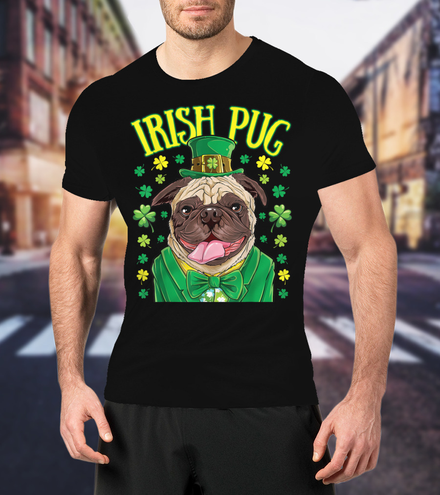 Irish Pug Leprechaun St Patricks Day Boys Dog Shamrock Hat Bow Tie T-Shirt
