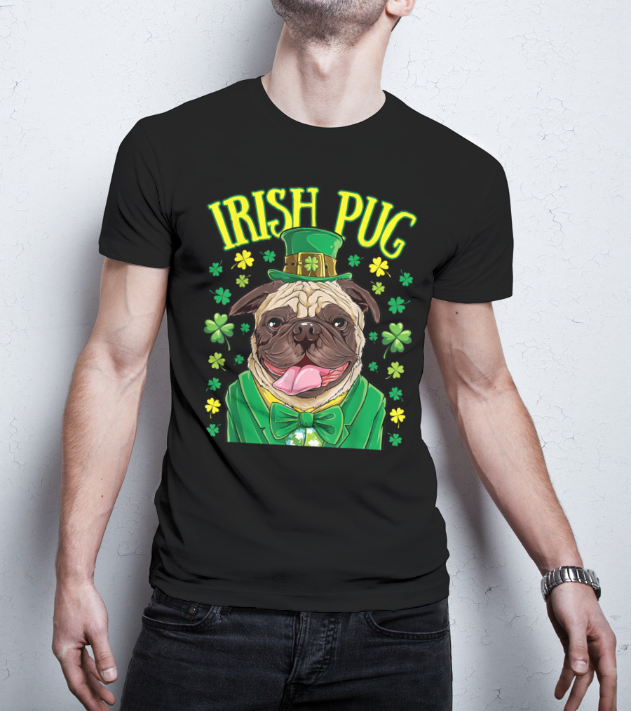 Irish Pug Leprechaun St Patricks Day Boys Dog Shamrock Hat Bow Tie T-Shirt
