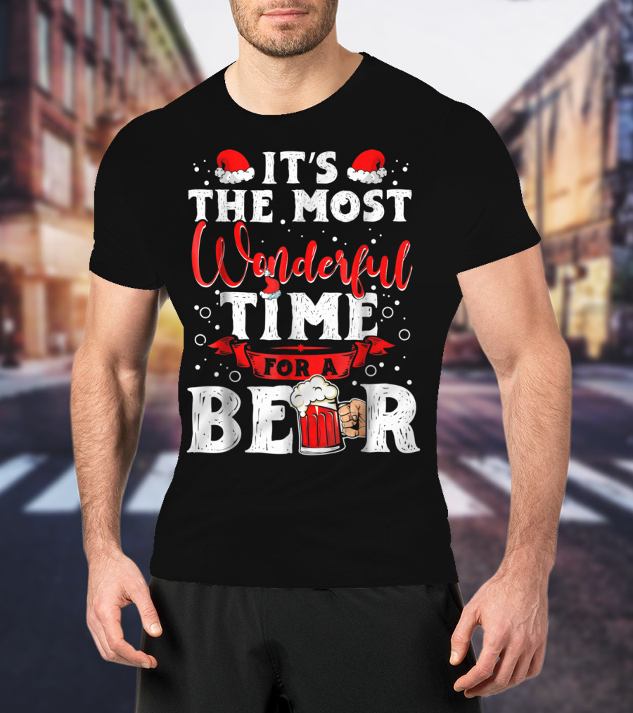 It's The Most Wonderful Time For A Beer Santa Hat Bubbles Cheers T-Shirt