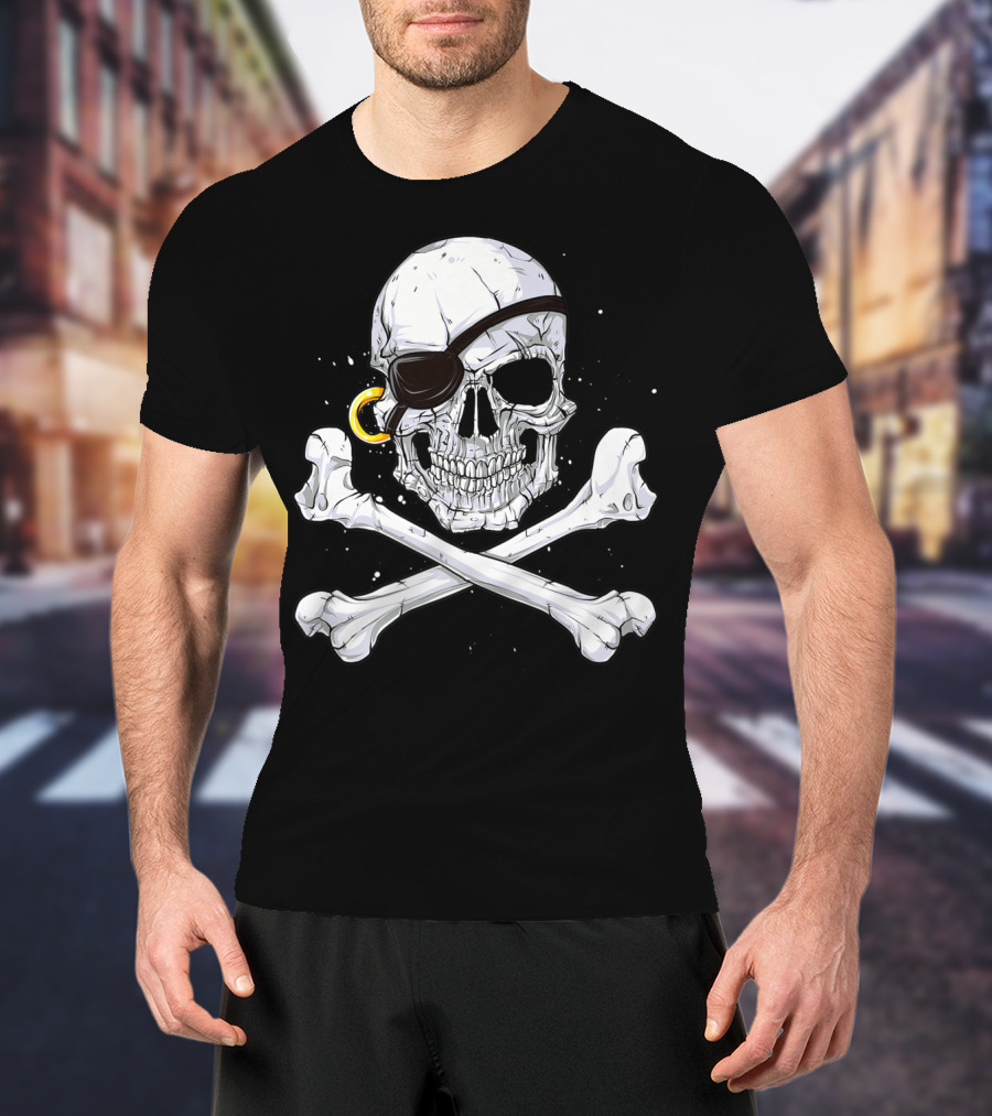 Jolly Roger Skull Crossbones Pirate Eye Patch Gold Earring T-Shirt