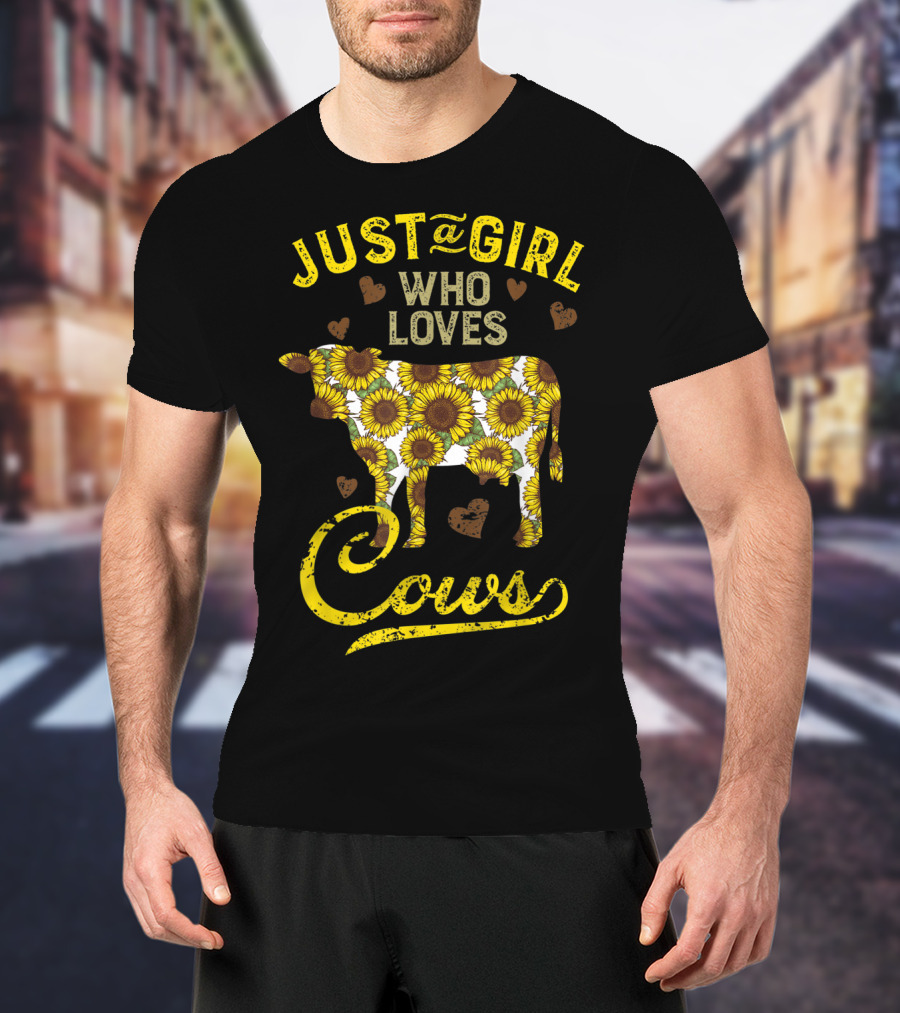 Just A Girl Who Loves Cows Sunflower Farm Sunflower Patterned Cow With Hearts T-Shirt