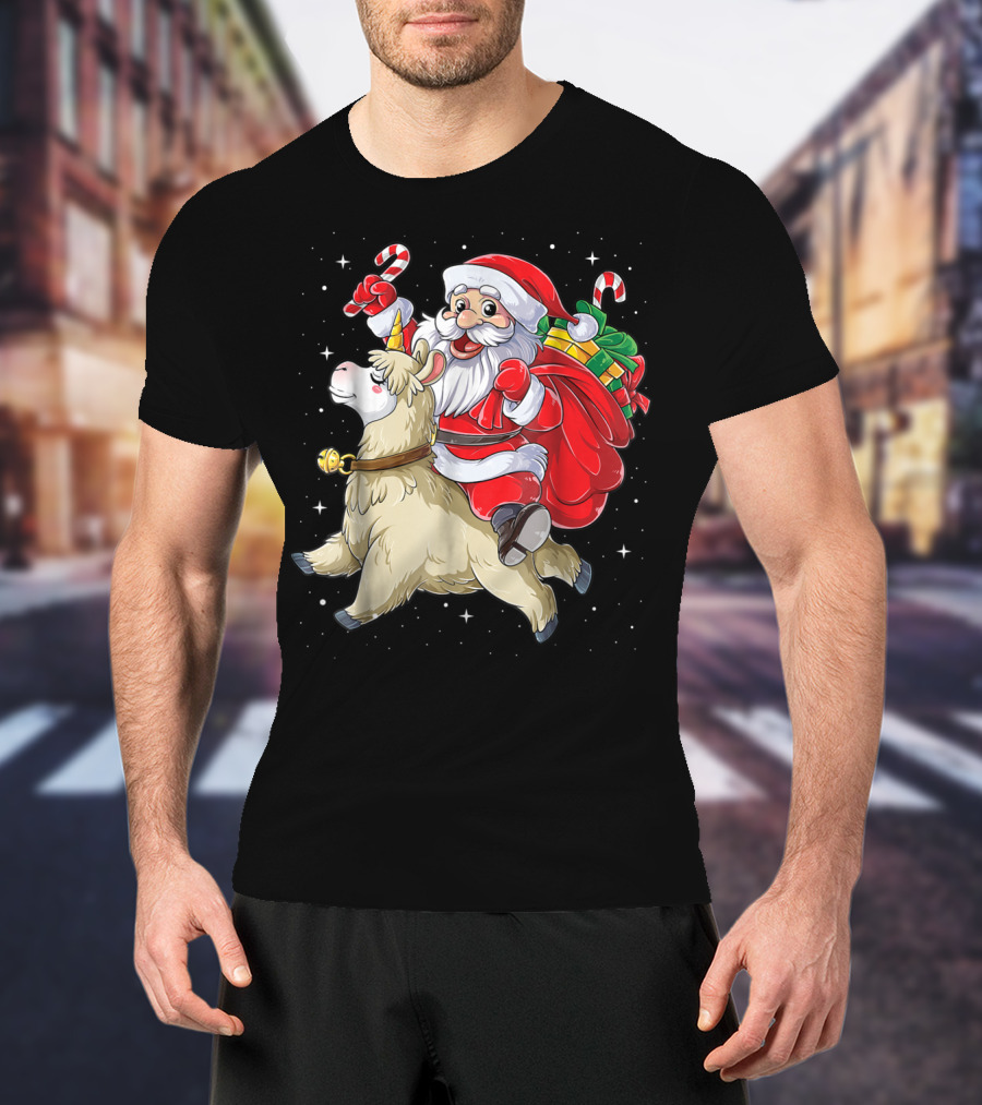 Santa Claus Riding Llamacorn Unicorn With Candy Canes And Gifts T-Shirt