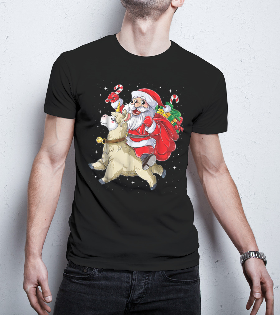 Santa Claus Riding Llamacorn Unicorn With Candy Canes And Gifts T-Shirt