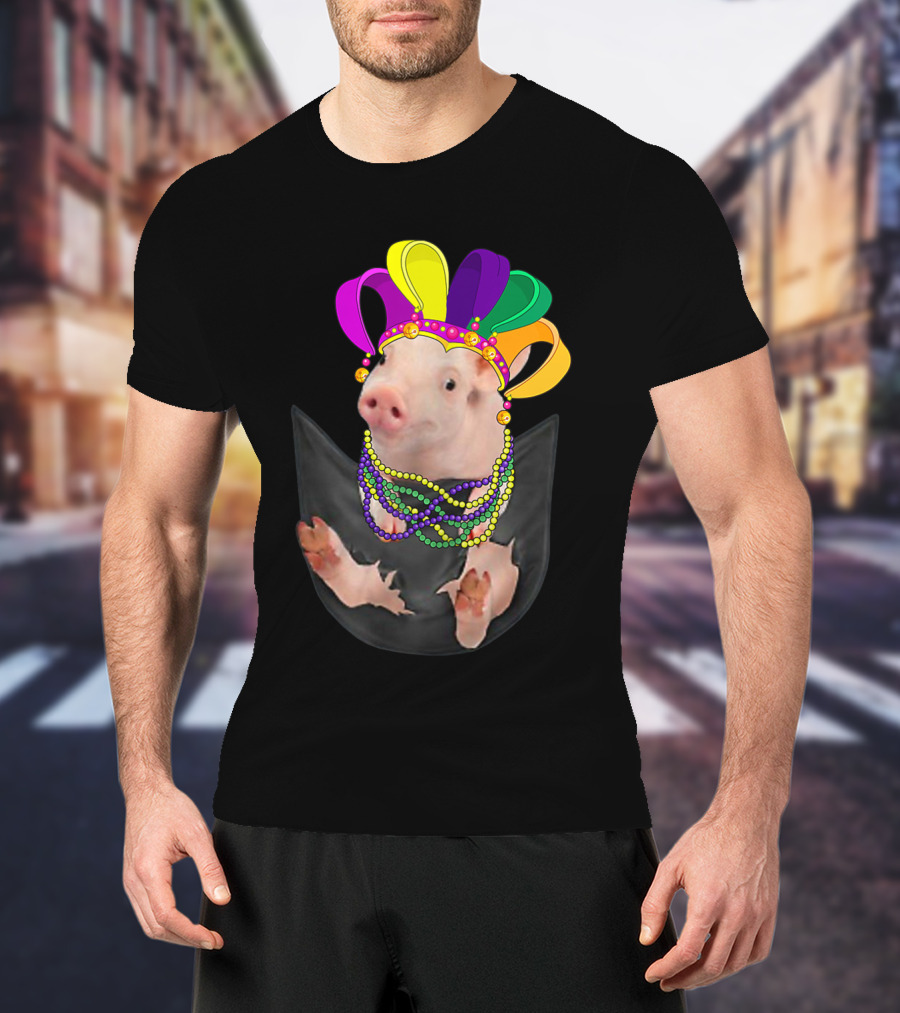 Mardi Gras Pig In Your Pocket With Colorful Beads And Jester Hat Farm Animal T-Shirt