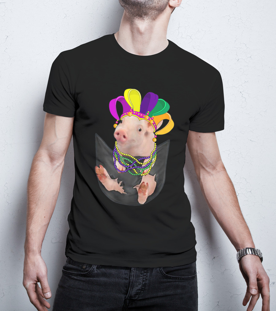 Mardi Gras Pig In Your Pocket With Colorful Beads And Jester Hat Farm Animal T-Shirt