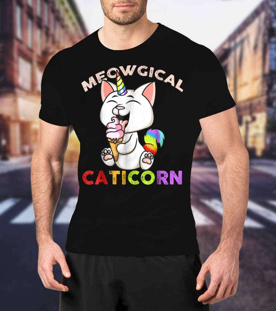 Meowgical Caticorn Rainbow Cat Unicorn Eating Ice Cream Cone T-Shirt