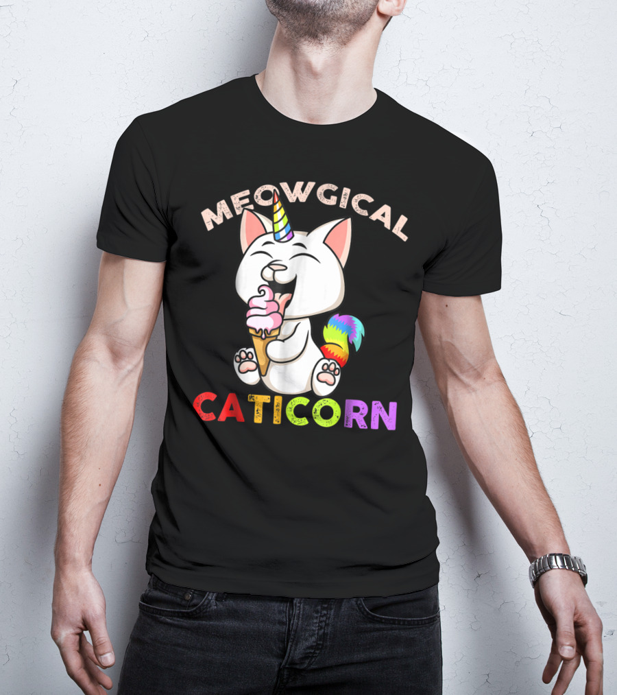 Meowgical Caticorn Rainbow Cat Unicorn Eating Ice Cream Cone T-Shirt