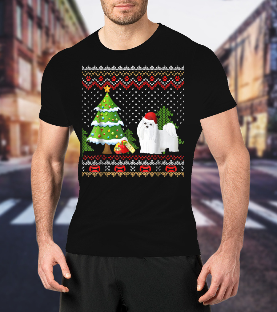 Maltese Santa Christmas UglyDog With Festive Tree And Gifts T-Shirt