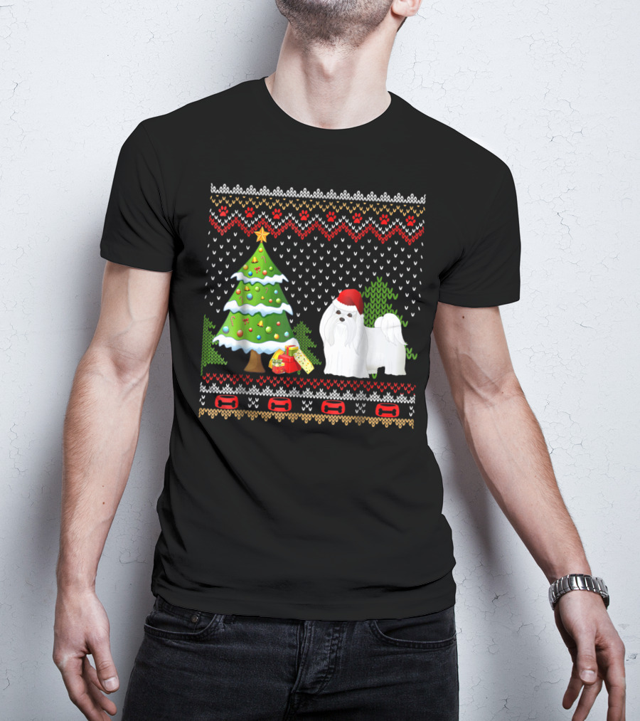 Maltese Santa Christmas UglyDog With Festive Tree And Gifts T-Shirt