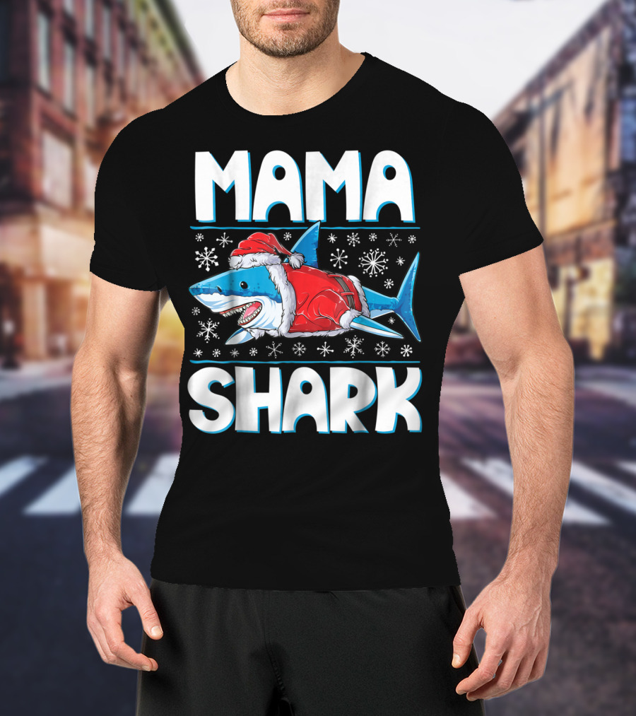 Mama Shark Santa Festive Snowflakes T-Shirt