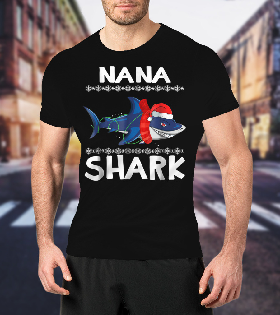 Nana Shark Christmas Sweater With Santa Hat And Snowflakes T-Shirt