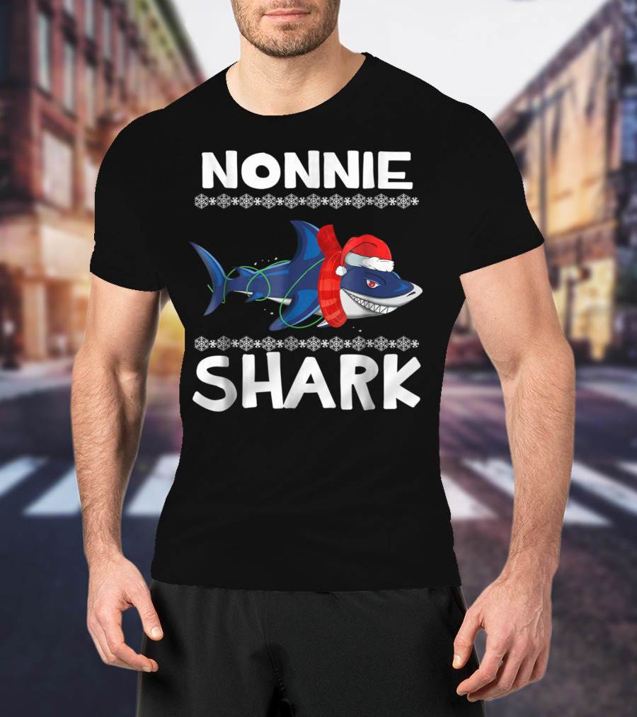 Nonnie Shark Christmas Family With Santa Hat And Scarf T-Shirt