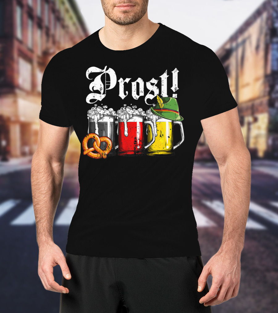 Prost Beer German Flag Oktoberfest With Pretzel And Bavarian Hat T-Shirt