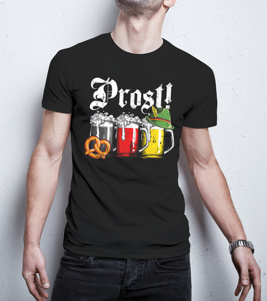 Prost Beer German Flag Oktoberfest With Pretzel And Bavarian Hat T-Shirt