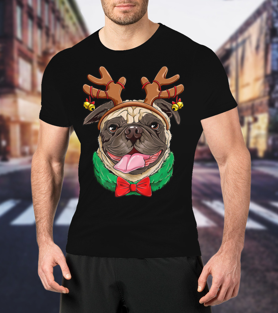Pug Christmas Reindeer Antlers Dog Xmas Girls S6 Holiday Bow Wrapping Bells T-Shirt