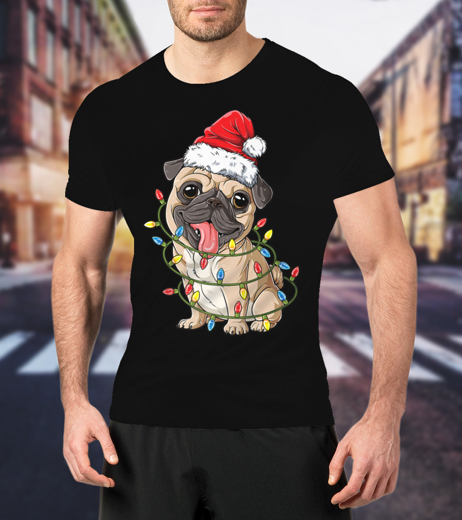 Pug Wearing Santa Hat Wrapped In Xmas Lights For Christmas T-Shirt