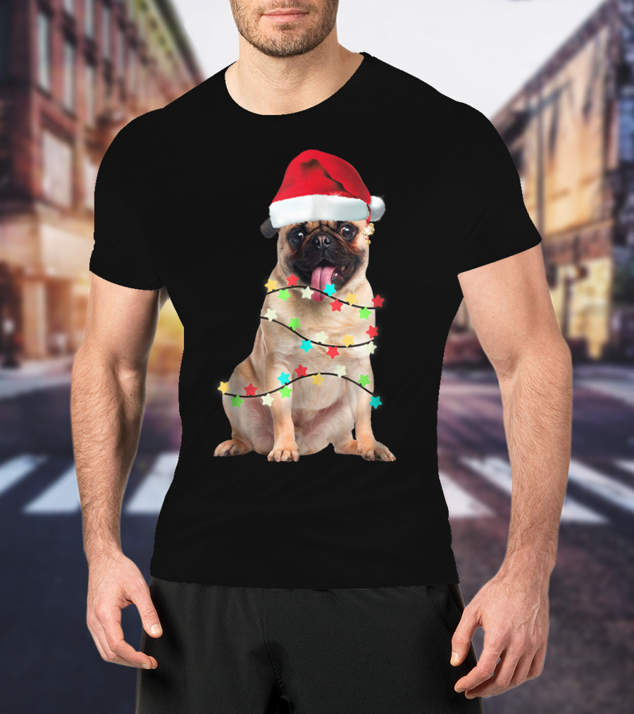 Pug Santa Christmas Light Wrapping Festive Holiday Hat T-Shirt
