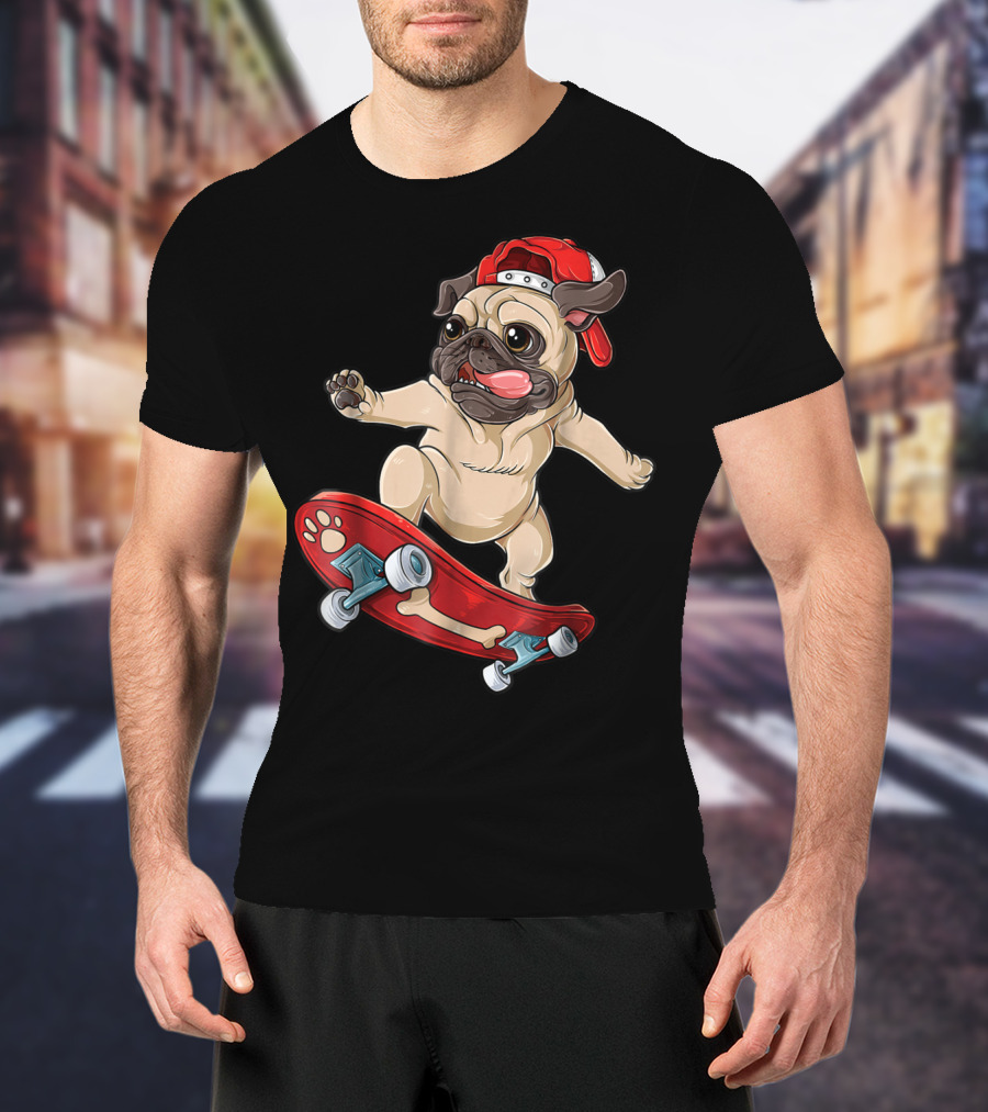 Pug Puppy Skater With Red Hat And Paw Print Skateboard T-Shirt