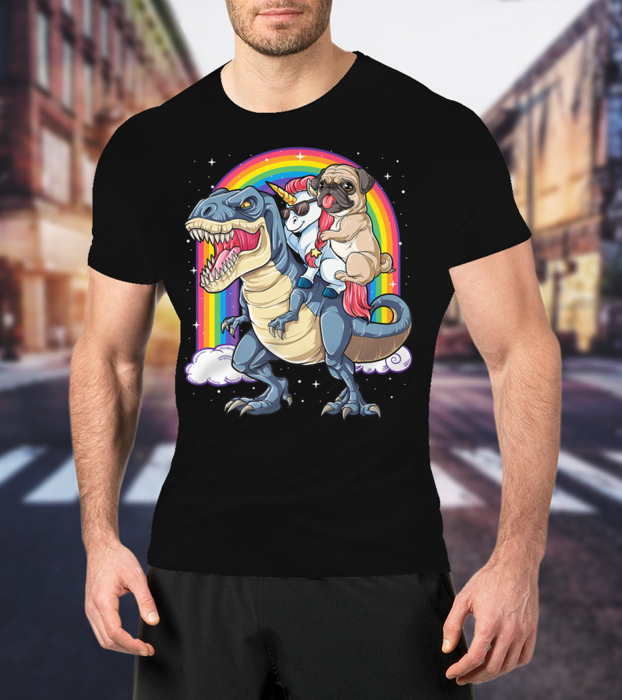 Pug Unicorn Riding Dinosaur With Rainbow Kids Girls Women T-Shirt