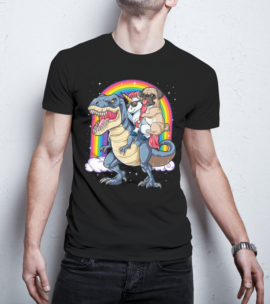 Pug Unicorn Riding Dinosaur With Rainbow Kids Girls Women T-Shirt