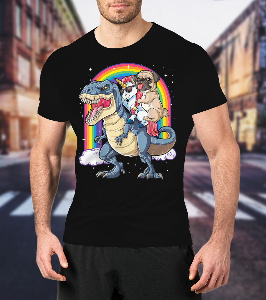 Pug Riding Unicorn Riding Dinosaur Under Rainbow T-Shirt