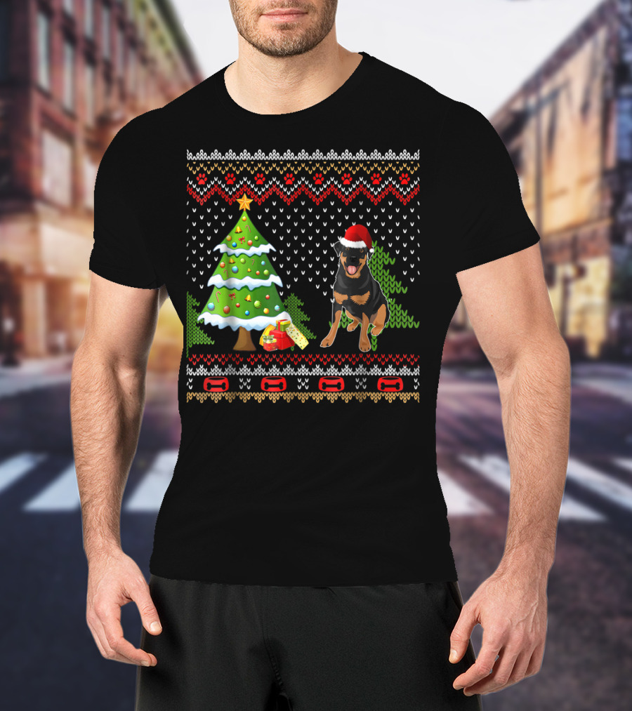 Rottweiler Santa Christmas Ugly Dog Sweater Tree And Gifts T-Shirt