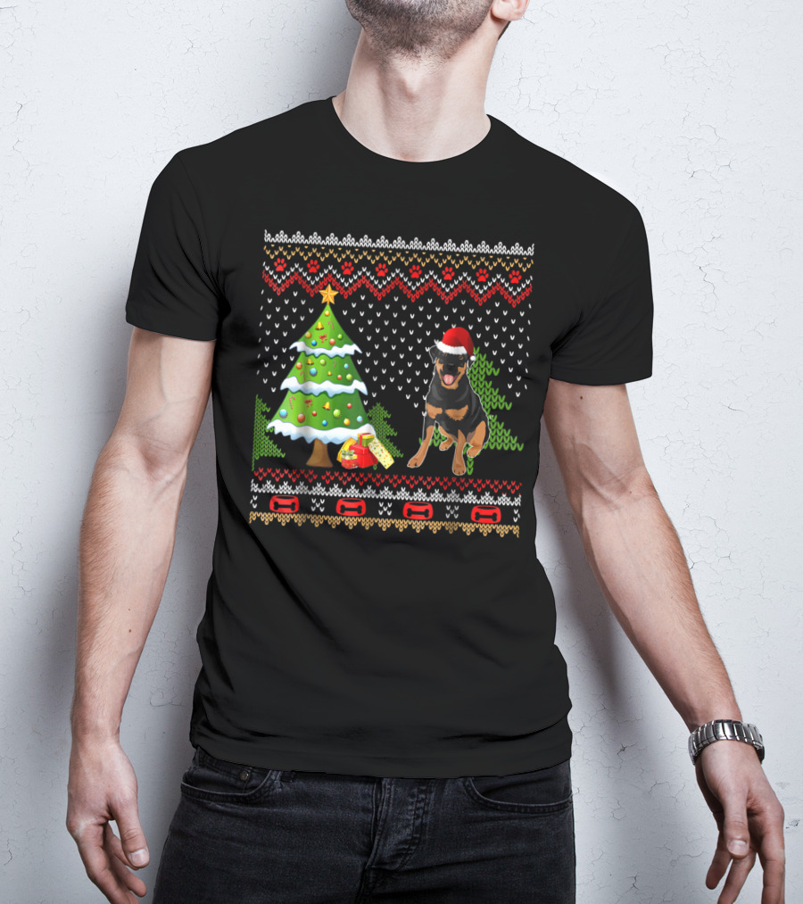Rottweiler Santa Christmas Ugly Dog Sweater Tree And Gifts T-Shirt