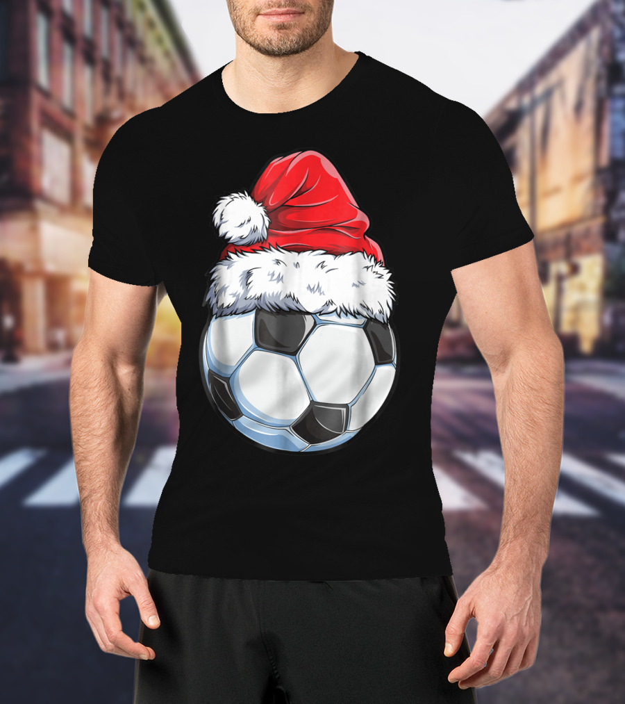 Santa Hat On Soccer Ball Christmas Xmas T-Shirt