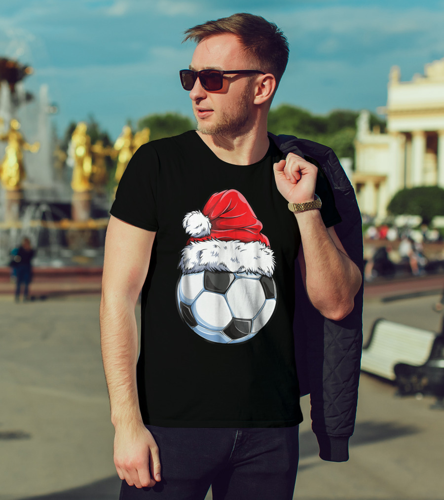 Santa Hat On Soccer Ball Christmas Xmas T-Shirt